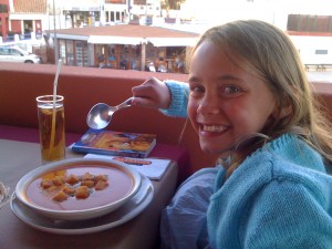 cheesy grin with soup and cardigan