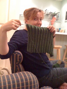 Lorna, featuring Debbie Bliss Lorna with her knitting